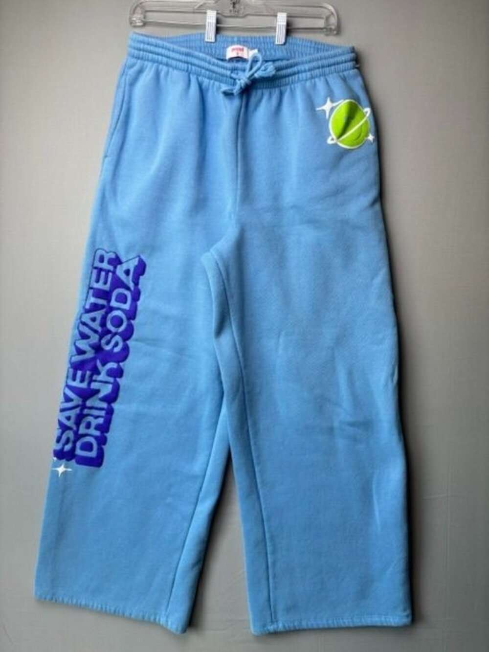 Poppi Sweatpants Women's L Blue Fleece Wide Leg Graphic Lounge Pants